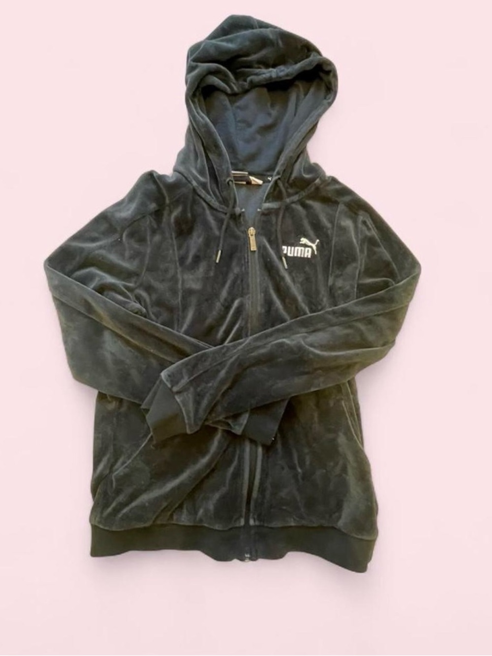 Puma Women’s Black Velour Hoodie with White Logo in size S - Picture 2 of 7